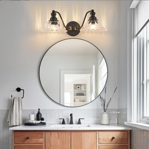 20 Inch 2-Light Vintage Bathroom Wall Sconce - Elegant Black Metal And Glass Lampshade Vanity Light Fixture For Bathroom, Hallway, Or Bedroom Bulb Not Included