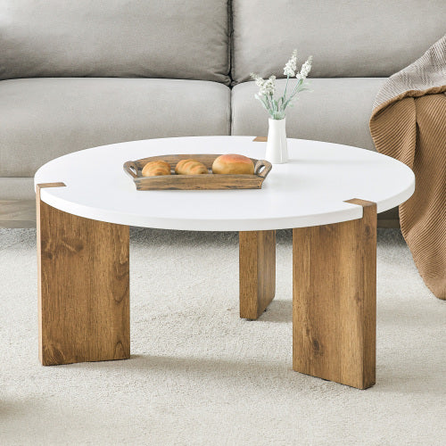33.4-inch Diameter Minimalist Circular MDF Material Coffee Table, A Stable And Practical Choice. The Unique Embedded Design And The Support Of Three Table Legs Make The Coffee Table Structure Stable.