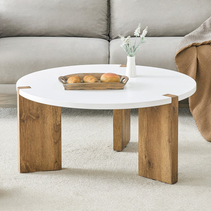 33.4-inch Diameter Minimalist Circular MDF Material Coffee Table, A Stable And Practical Choice. The Unique Embedded Design And The Support Of Three Table Legs Make The Coffee Table Structure Stable.
