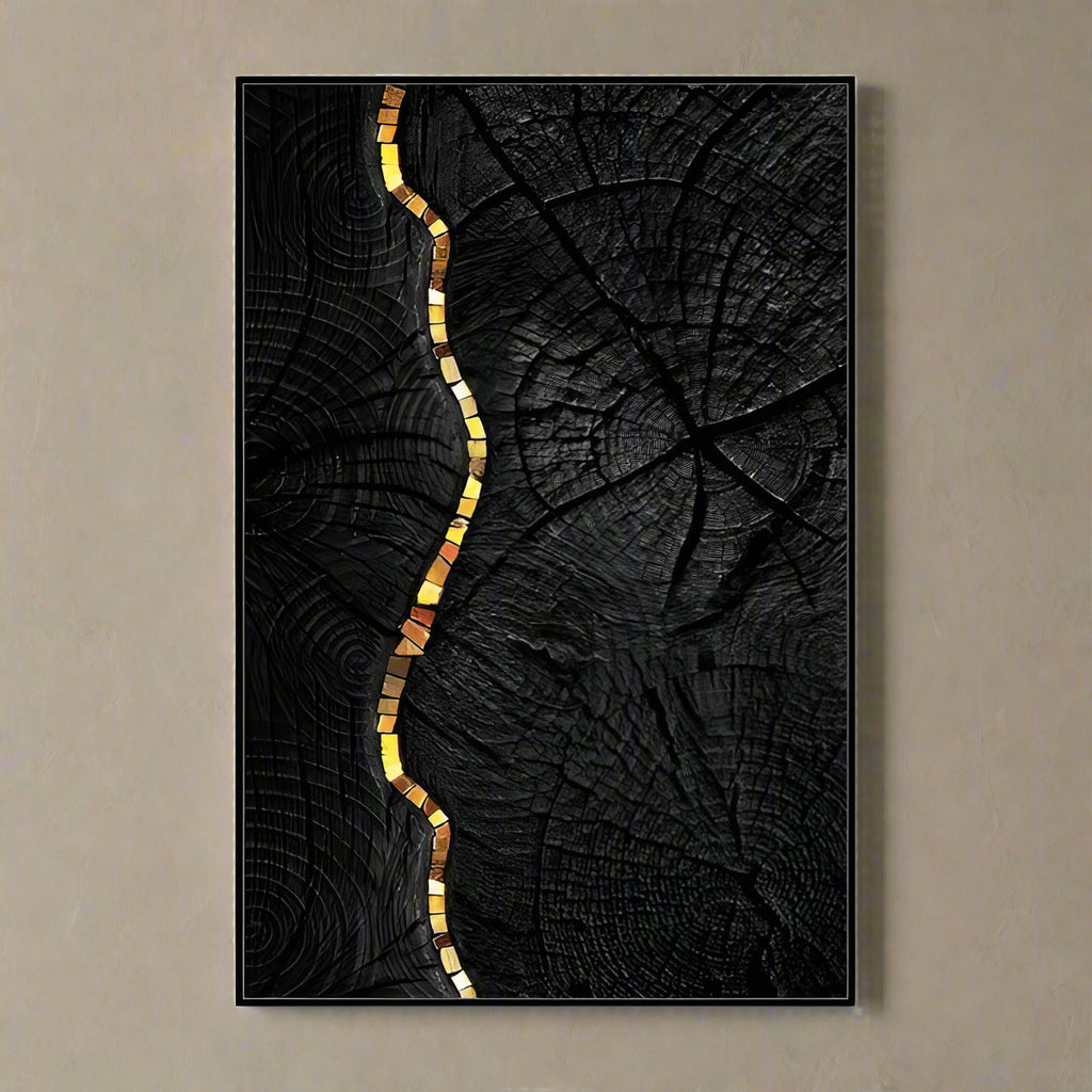 Artistic depiction of a tree stump with a vertical crack and colorful mosaic pattern on a background.