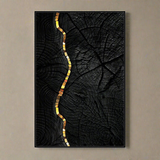 Artistic depiction of a tree stump with a vertical crack and colorful mosaic pattern on a background.