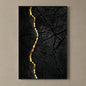 Artistic depiction of a tree stump with a vertical crack and colorful mosaic pattern on a background.