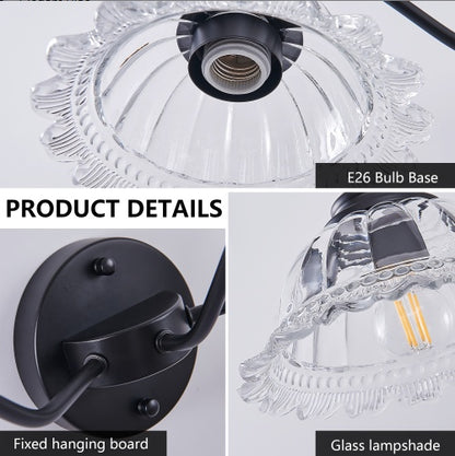 20 Inch 2-Light Vintage Bathroom Wall Sconce - Elegant Black Metal And Glass Lampshade Vanity Light Fixture For Bathroom, Hallway, Or Bedroom Bulb Not Included