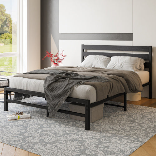 Queen Size Platform Bed Frame With Wooden Headboard, Under Bed Storage, Non-Slip, Noise Free, Easy Assembly, Black