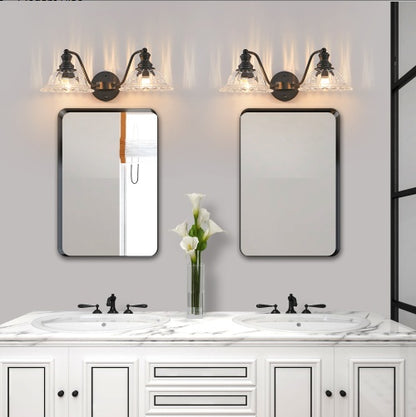20 Inch 2-Light Vintage Bathroom Wall Sconce - Elegant Black Metal And Glass Lampshade Vanity Light Fixture For Bathroom, Hallway, Or Bedroom Bulb Not Included