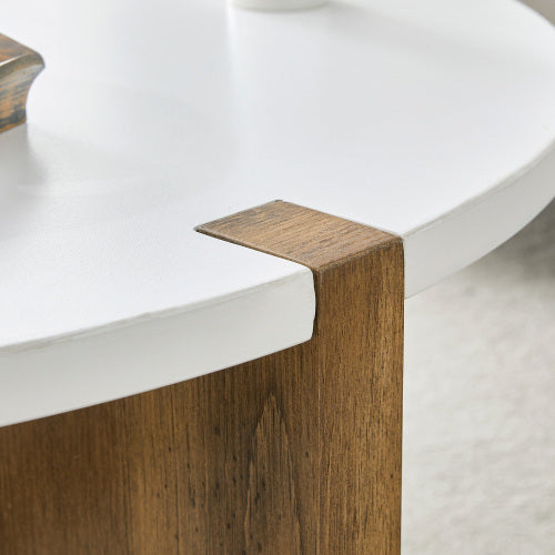 33.4-inch Diameter Minimalist Circular MDF Material Coffee Table, A Stable And Practical Choice. The Unique Embedded Design And The Support Of Three Table Legs Make The Coffee Table Structure Stable.