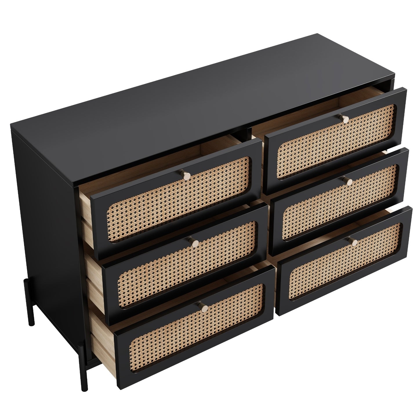 Modern Cannage Rattan Wood Closet 6-Drawer Dresser Wood Storage Cabinet Sideboard For Bedroom, Livin
