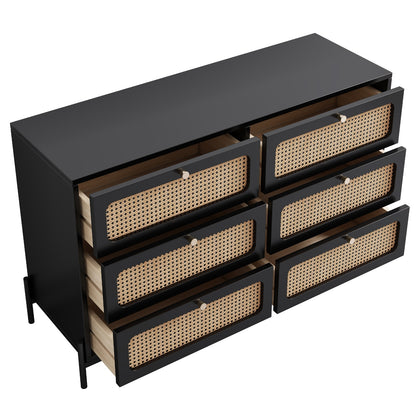 Modern Cannage Rattan Wood Closet 6-Drawer Dresser Wood Storage Cabinet Sideboard For Bedroom, Livin