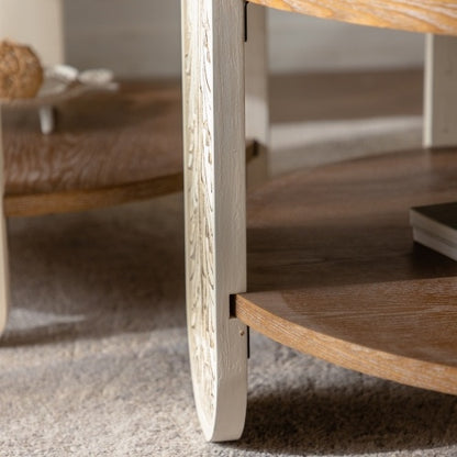 Carved Wooden Coffee Table, Retro End Table With Double-Layer Storage