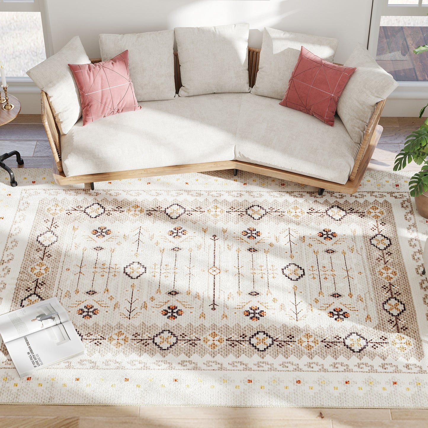 Calliope Boho Brown | Machine Washable Area Rug 8x10, Non-Slip Boho Flannel Print Floor Carpet For Living Room