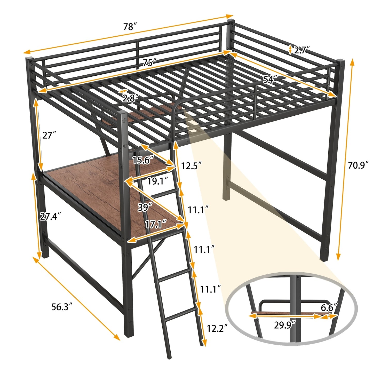 Full Size Loft Metal&MDF Bed With Desk And Shelf, Black