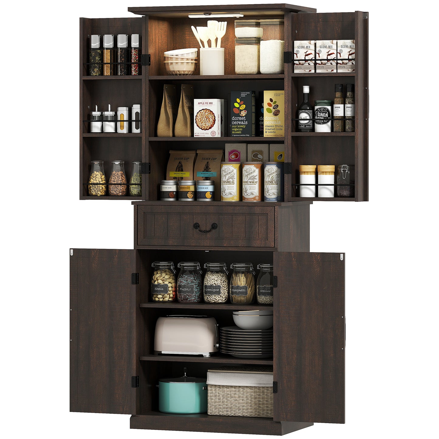 71 LED Kitchen Pantry Cabinet, Farmhouse Storage Cabinet With Door Shelves, Distressed Brown