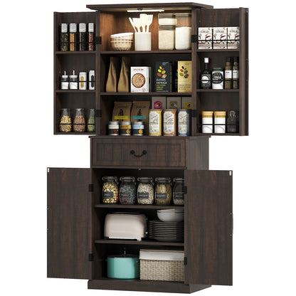 71 LED Kitchen Pantry Cabinet, Farmhouse Storage Cabinet With Door Shelves, Distressed Brown