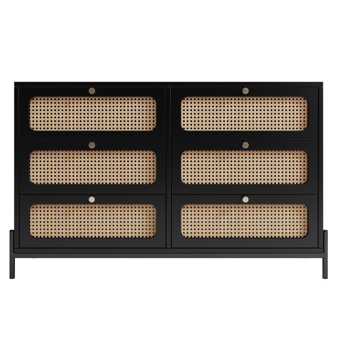 Modern Cannage Rattan Wood Closet 6-Drawer Dresser Wood Storage Cabinet Sideboard For Bedroom, Livin