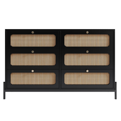 Modern Cannage Rattan Wood Closet 6-Drawer Dresser Wood Storage Cabinet Sideboard For Bedroom, Livin