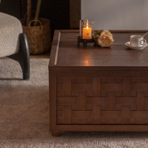 Farmhouse Coffee Table With Storage, Large Square Coffee Table For Living Room, Brown