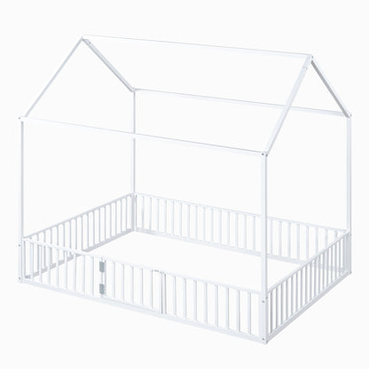 Full Size Metal House Bed With Fence And Door, White