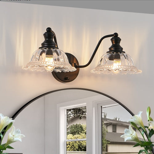 20 Inch 2-Light Vintage Bathroom Wall Sconce - Elegant Black Metal And Glass Lampshade Vanity Light Fixture For Bathroom, Hallway, Or Bedroom Bulb Not Included