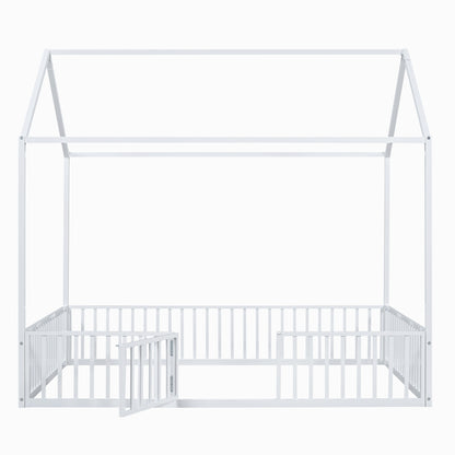 Full Size Metal House Bed With Fence And Door, White