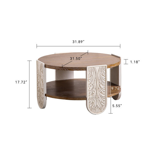Carved Wooden Coffee Table, Retro End Table With Double-Layer Storage