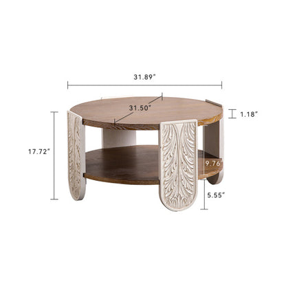 Carved Wooden Coffee Table, Retro End Table With Double-Layer Storage